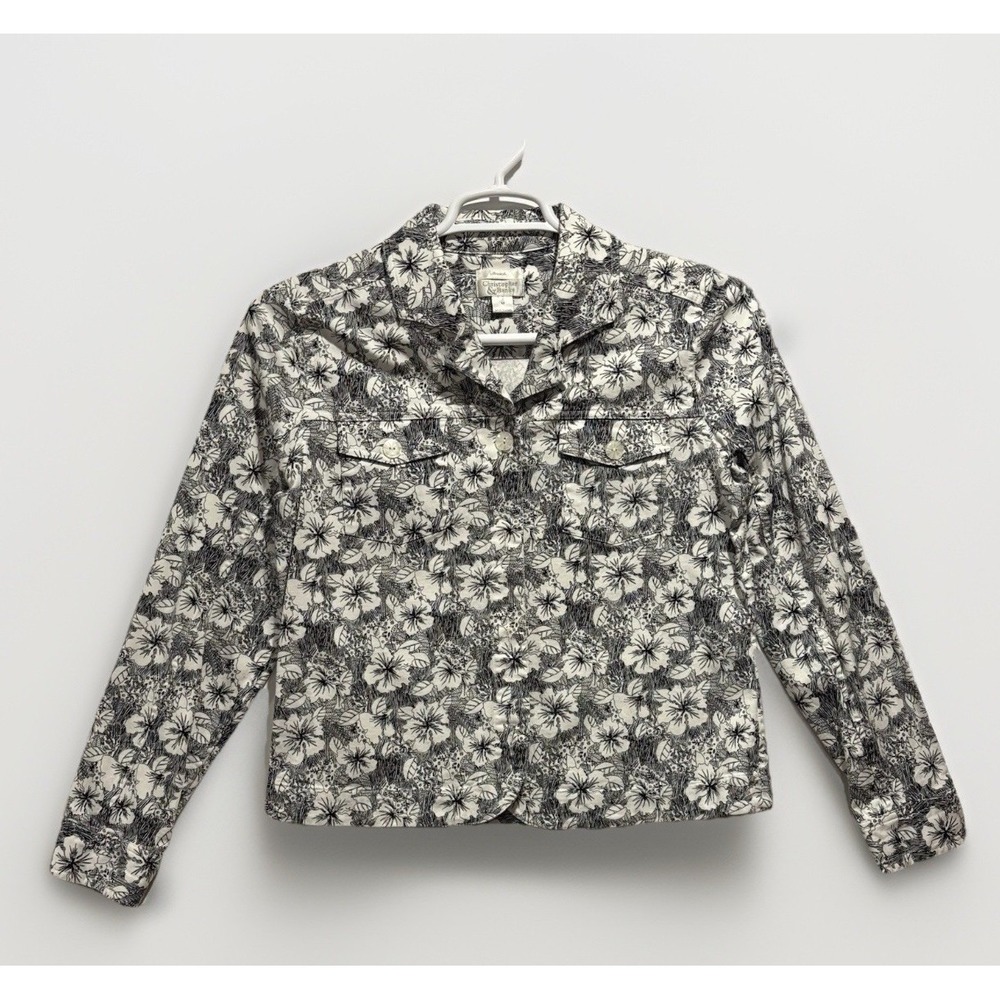 Christopher & Banks Women's M Black & White Stretch Cotton Flower Print Jacket